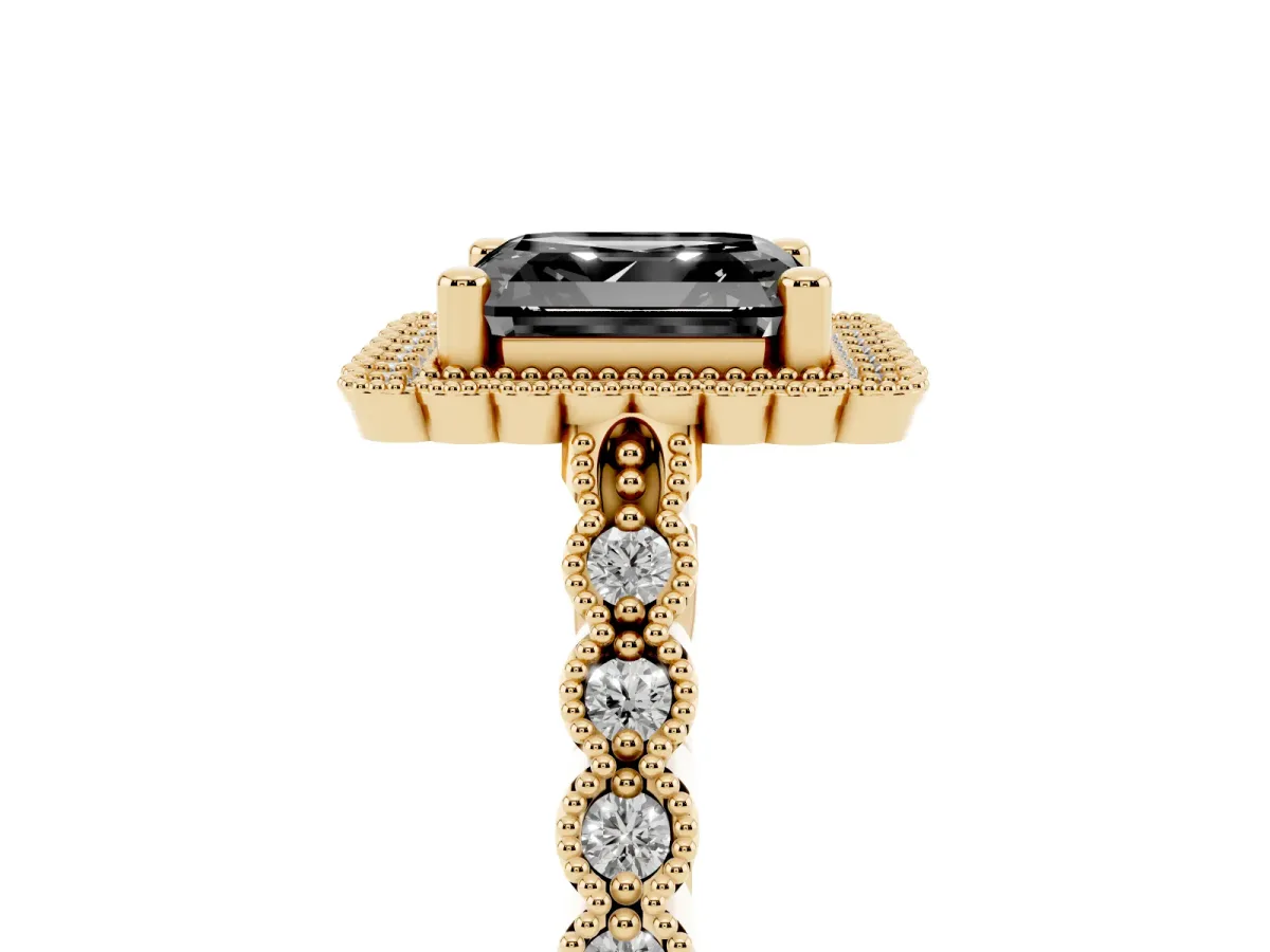 Fancy Black Asscher Cut Cut Halo Pavé Solitaire Ring with Milgrain Band Yellow gold