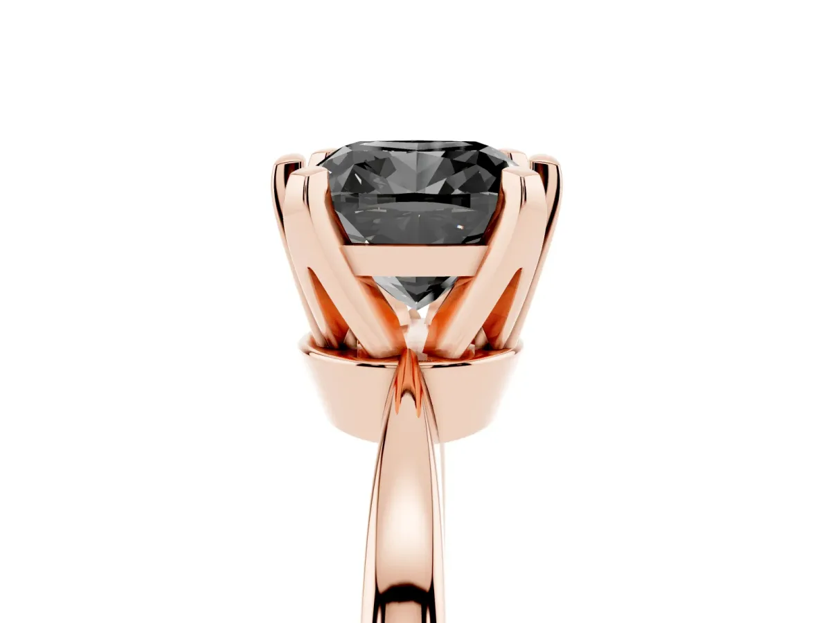Fancy Black Cushion Cut Solitaire Engagement Ring with Six-Prong Setting and Tapered Band Rose gold