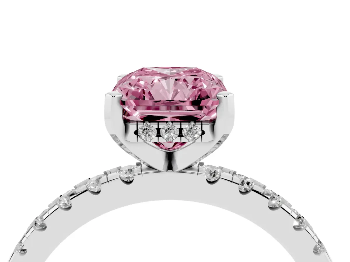 Fancy Pink Radiant Cut Diamond Solitaire Ring with Round Pavé Band and Four-Prong Setting Silver