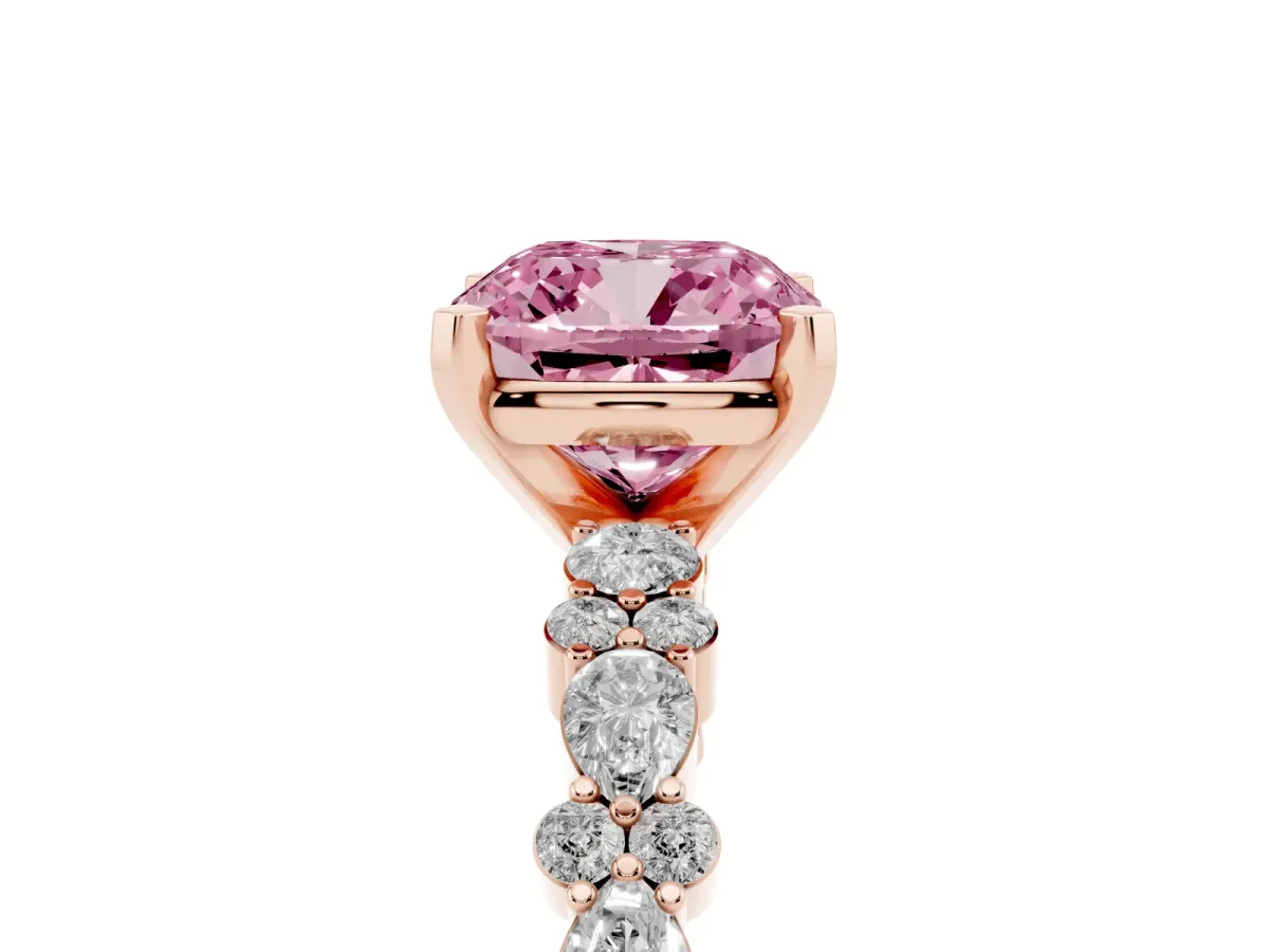 Fancy Pink Cushion Cut Diamond Side Stone Solitaire Ring with Round and Four-Prong Setting Rose gold