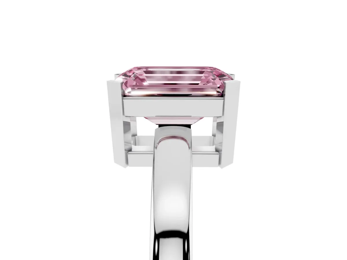 Fancy Pink Emerald Cut Cut Solitaire Ring with Four-Prong Setting and Classic Band Silver