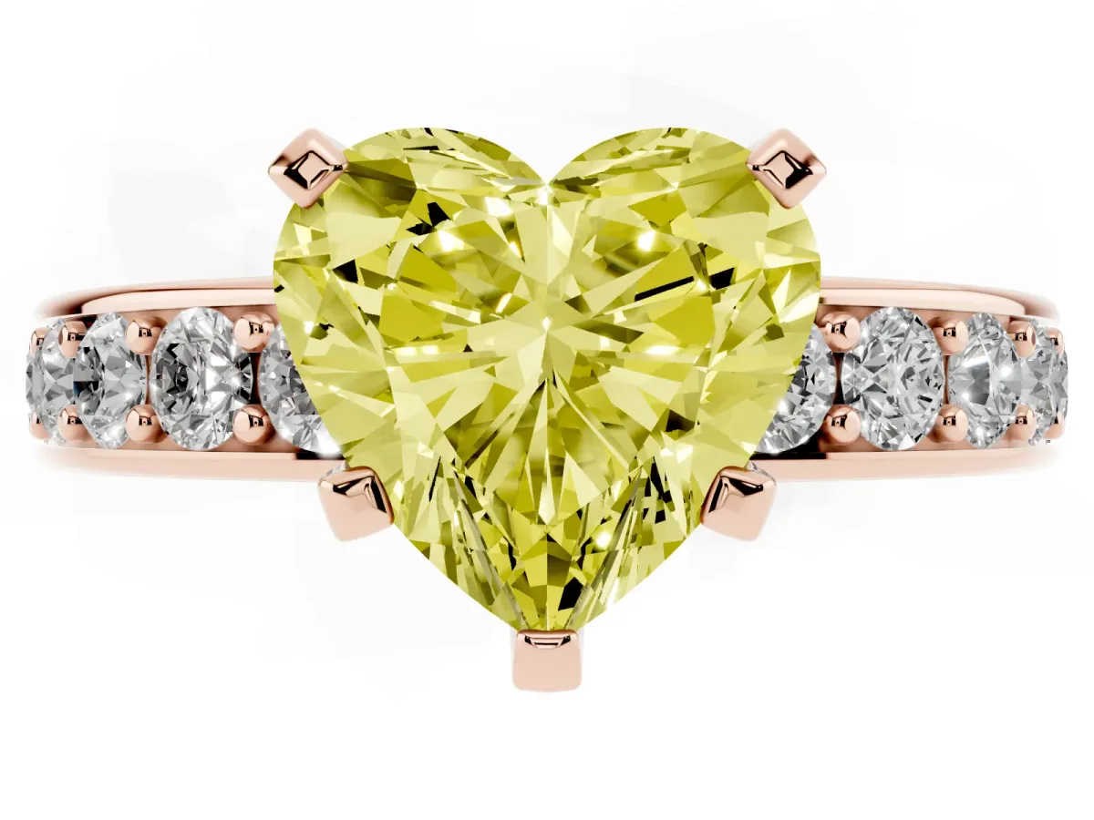 Fancy Yellow Heart Cut Diamond Engagement Ring with Channel Set Round Band and Prong Setting Rose gold