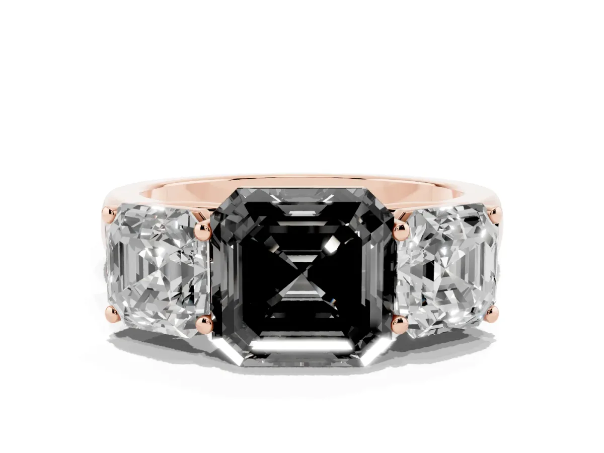 Fancy Black Asscher Cut Three-Stone Diamond Ring with Prong Setting on a Classic Band Rose gold
