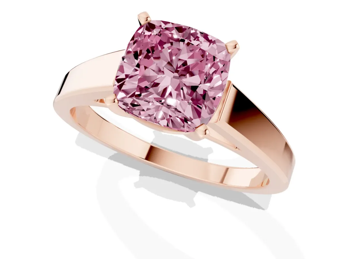 Fancy Pink Cushion Cut Solitaire Engagement Ring with Four-Prong Setting and Tapered Band Rose gold