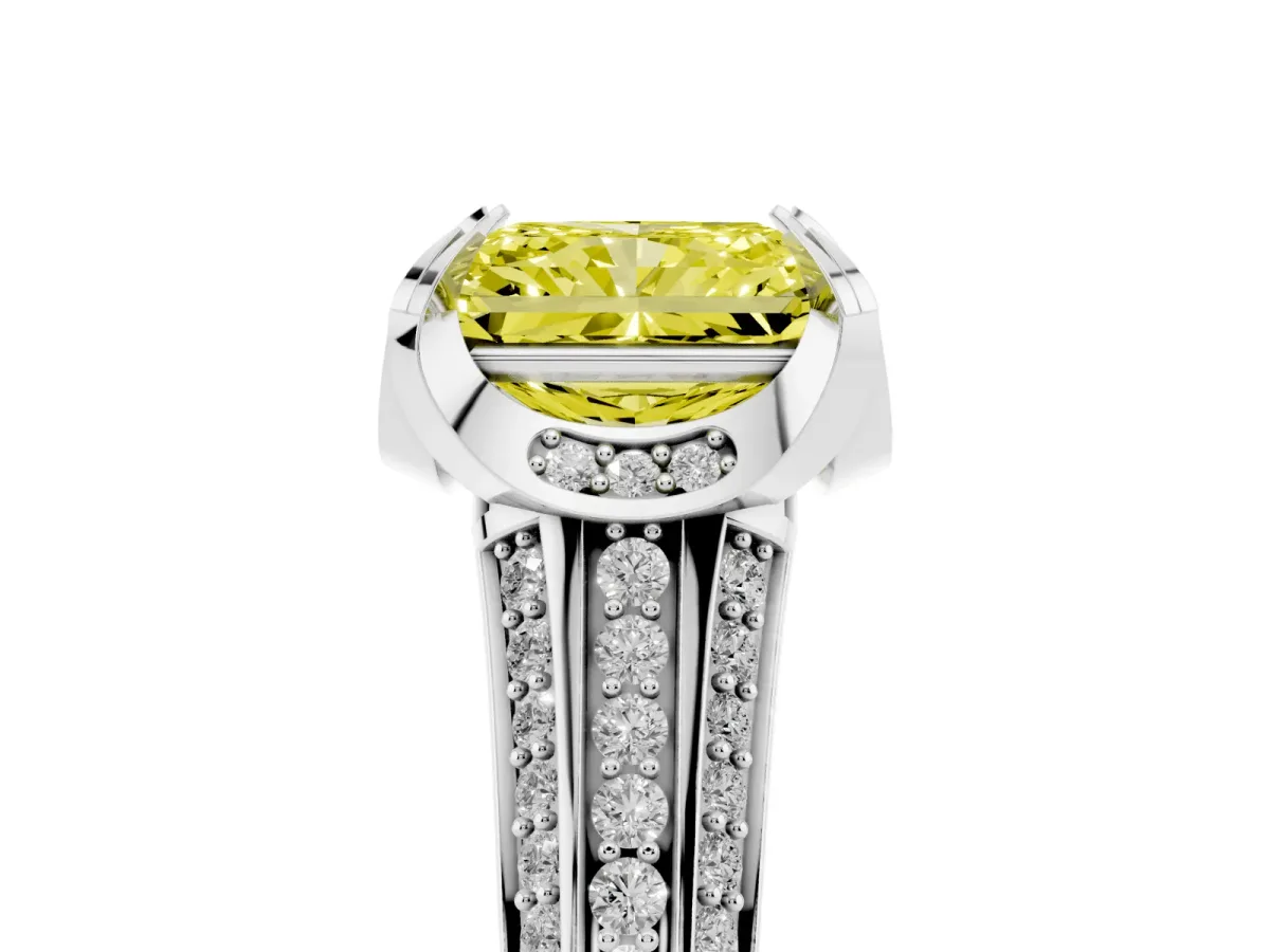 Fancy Yellow Radiant Cut Solitaire Pave Split Shank Ring with Four-Prong Setting Silver