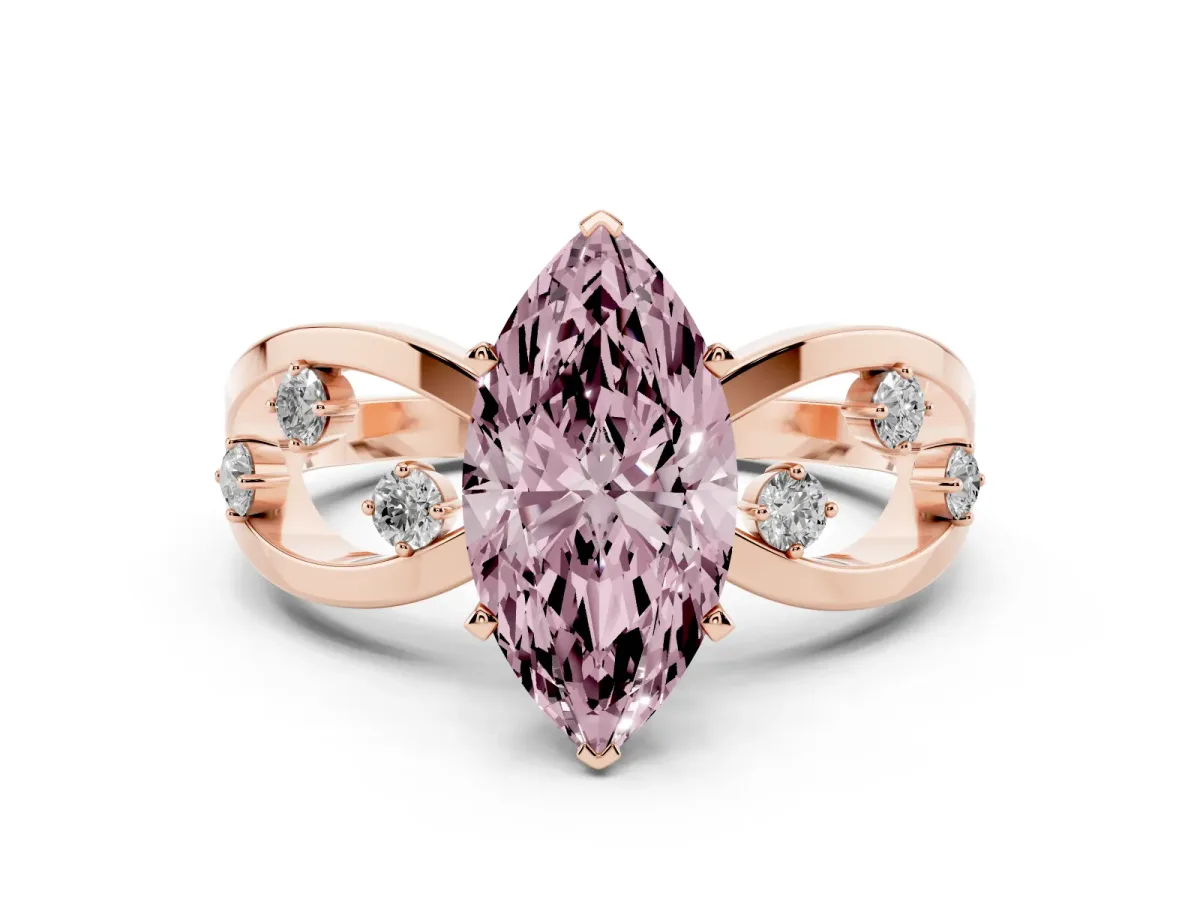 Fancy Pink Marquise Cut Cut Solitaire Diamond with Side Stones on Criss-Cross Band and Four-Prong Setting Rose gold
