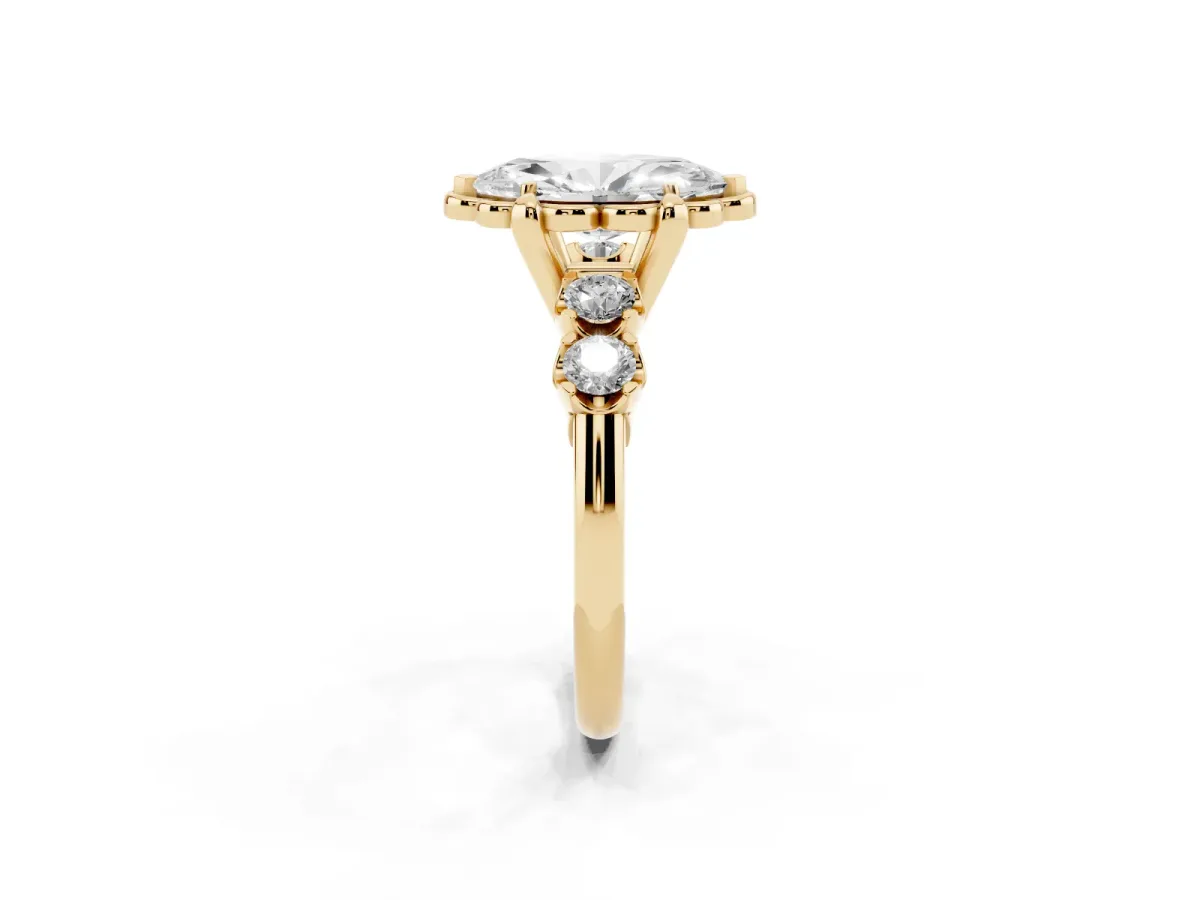 Marquise Cut Cut Diamond Floral Halo Engagement Ring with Shared Prong Setting Yellow gold