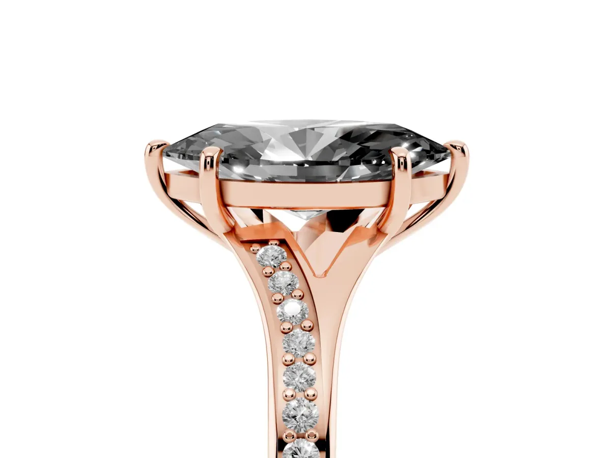 Fancy Black Marquise Cut Diamond Solitaire Ring with Pavé Band and Prong Setting Rose gold
