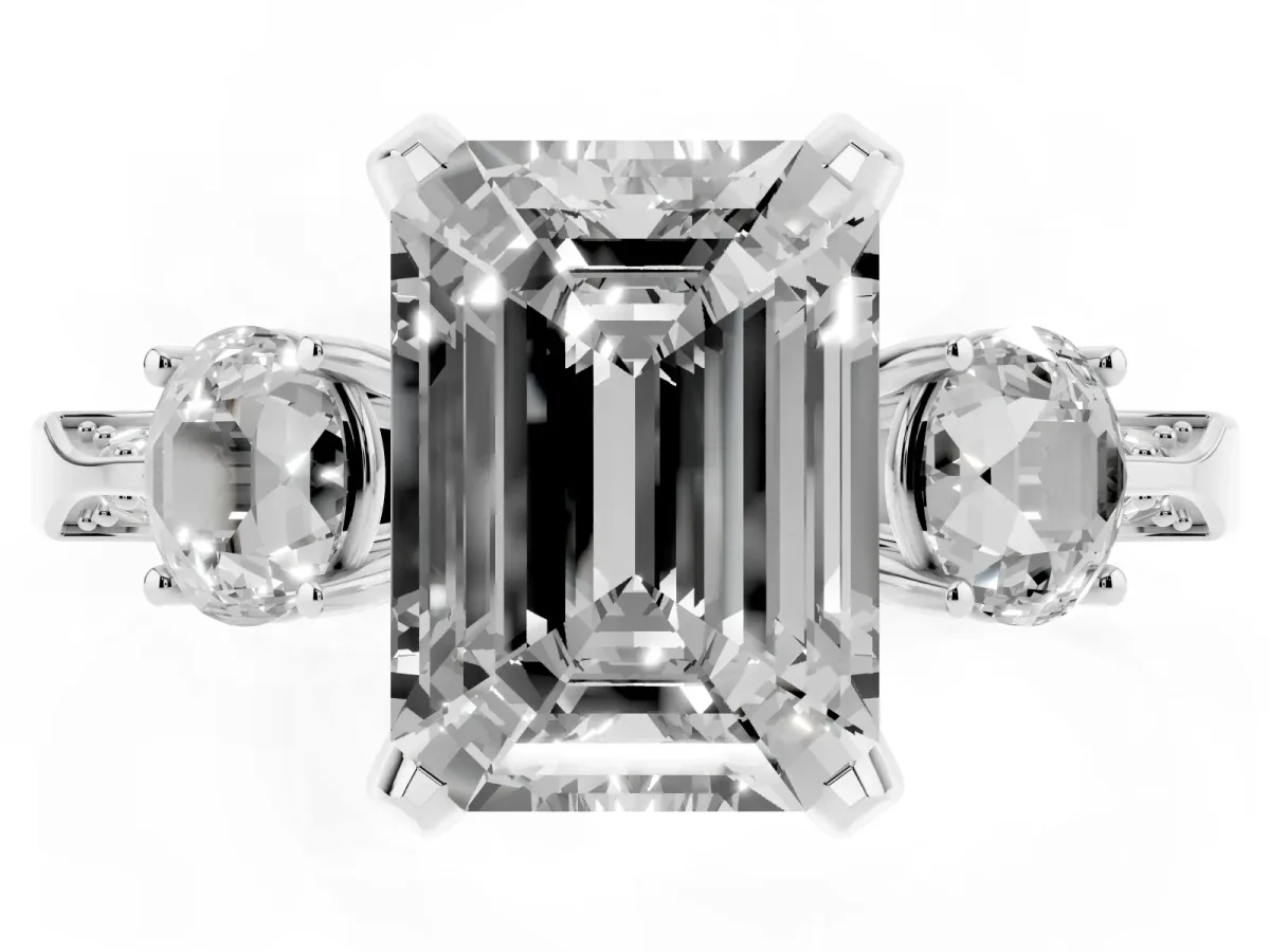 Fancy Yellow Emerald Cut Brilliant Three-Stone Diamond Ring with Pavé Band and Four-Prong Setting Platinum