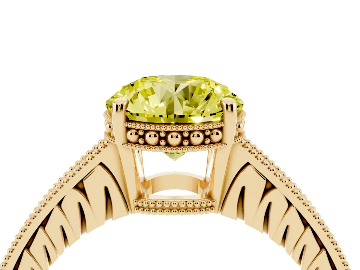 Fancy Yellow Round Cut Solitaire Pavé Diamond Milgrain Engagement Ring with Four-Prong Setting Yellow gold