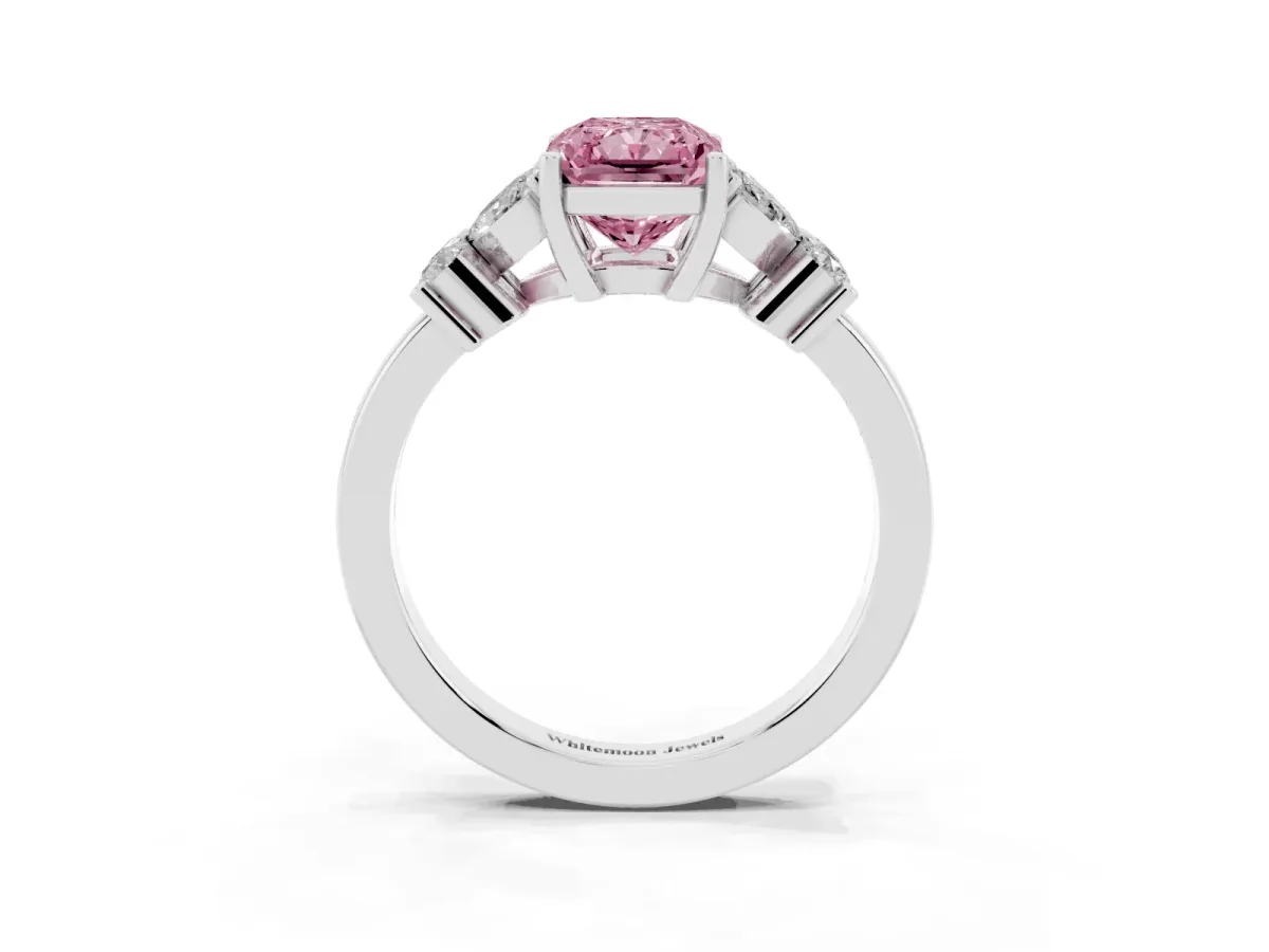 Fancy Pink Radiant Cut Diamond Floral Cluster Ring with Solitaire Band and Prong Setting Platinum