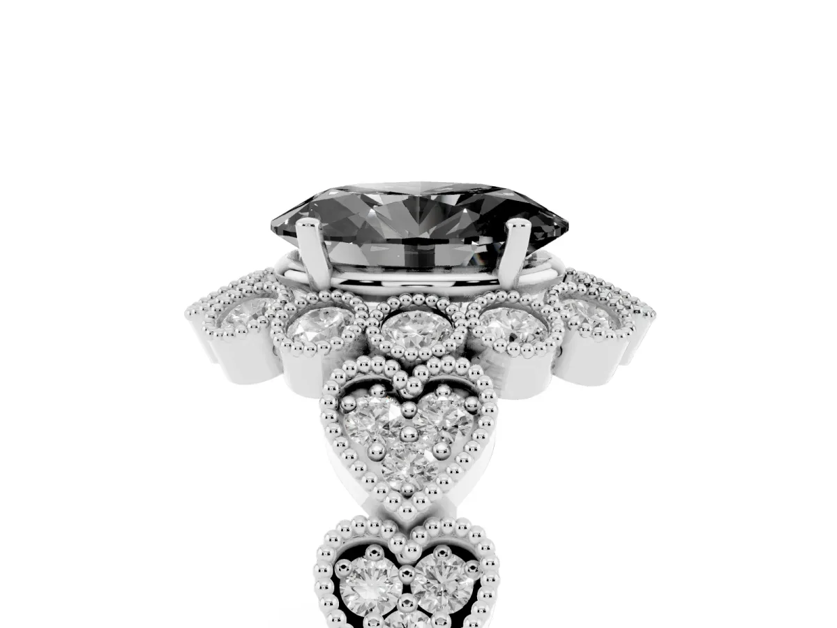 Fancy Black Oval Cut Brilliant Milgrain Pave Heart Band Solitaire Ring Silver