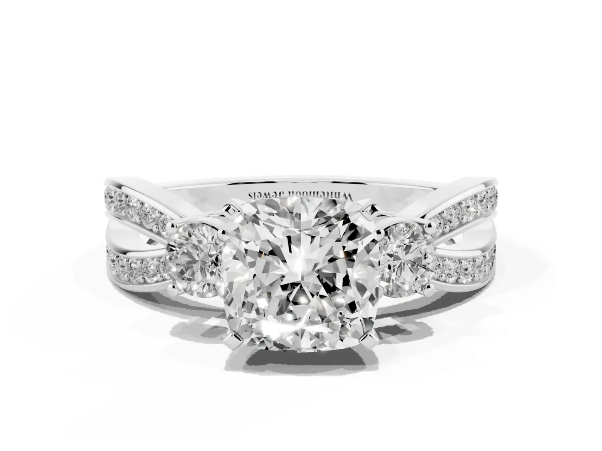 Three-Stone Cushion Cut Cut Diamond Twist Band with Prong Setting Platinum