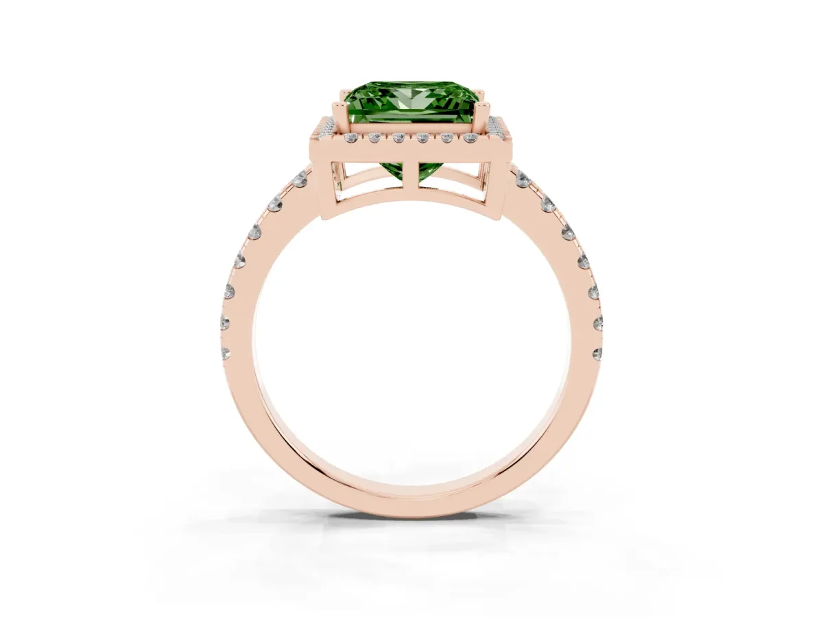 Fancy Green Princess Cut Diamond Halo Ring with Pavé Band and Four-Prong Setting Rose gold
