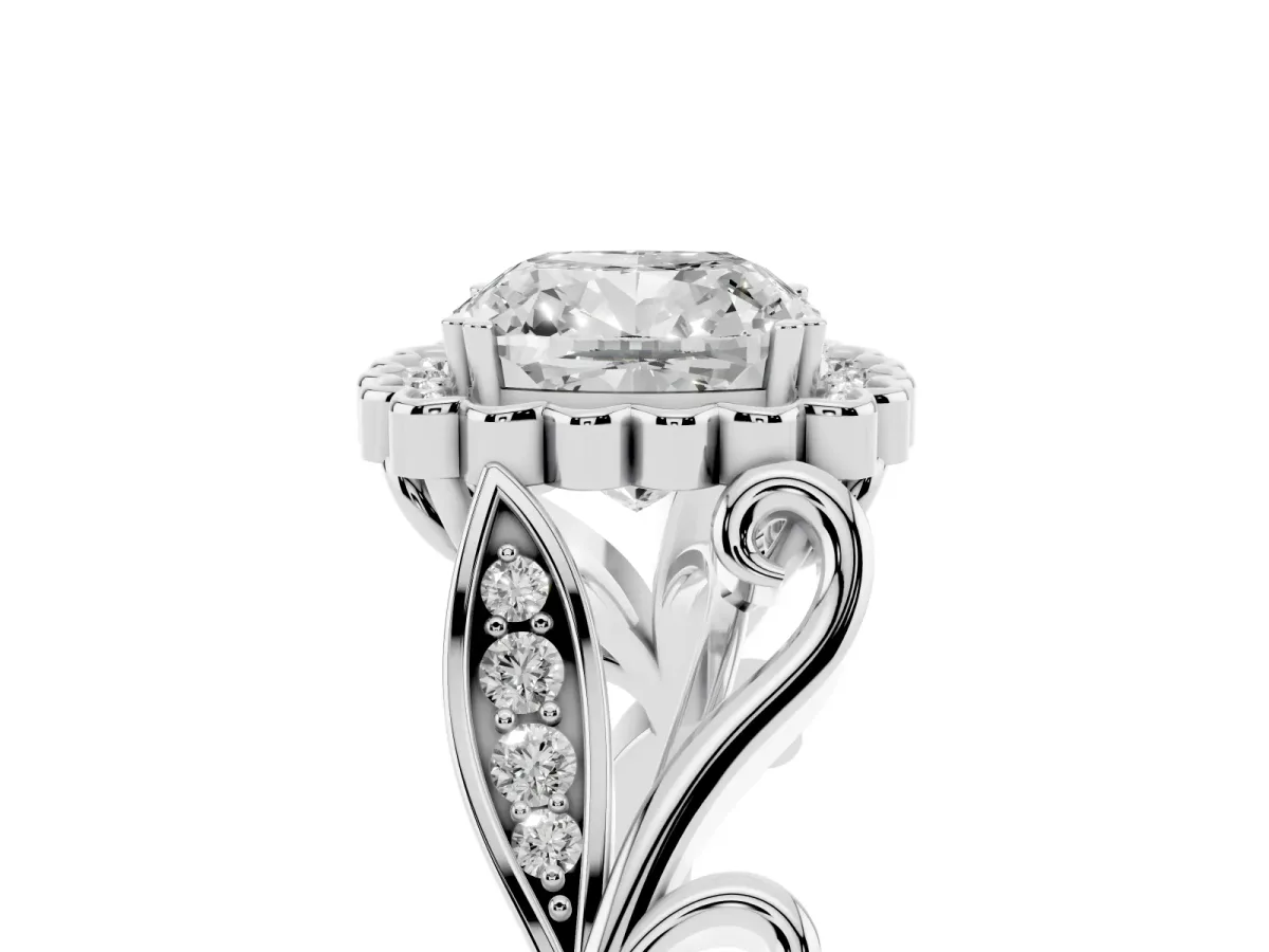 Cushion Cut Diamond Halo Ring with Vintage Split Shank and Four-Prong Setting Silver