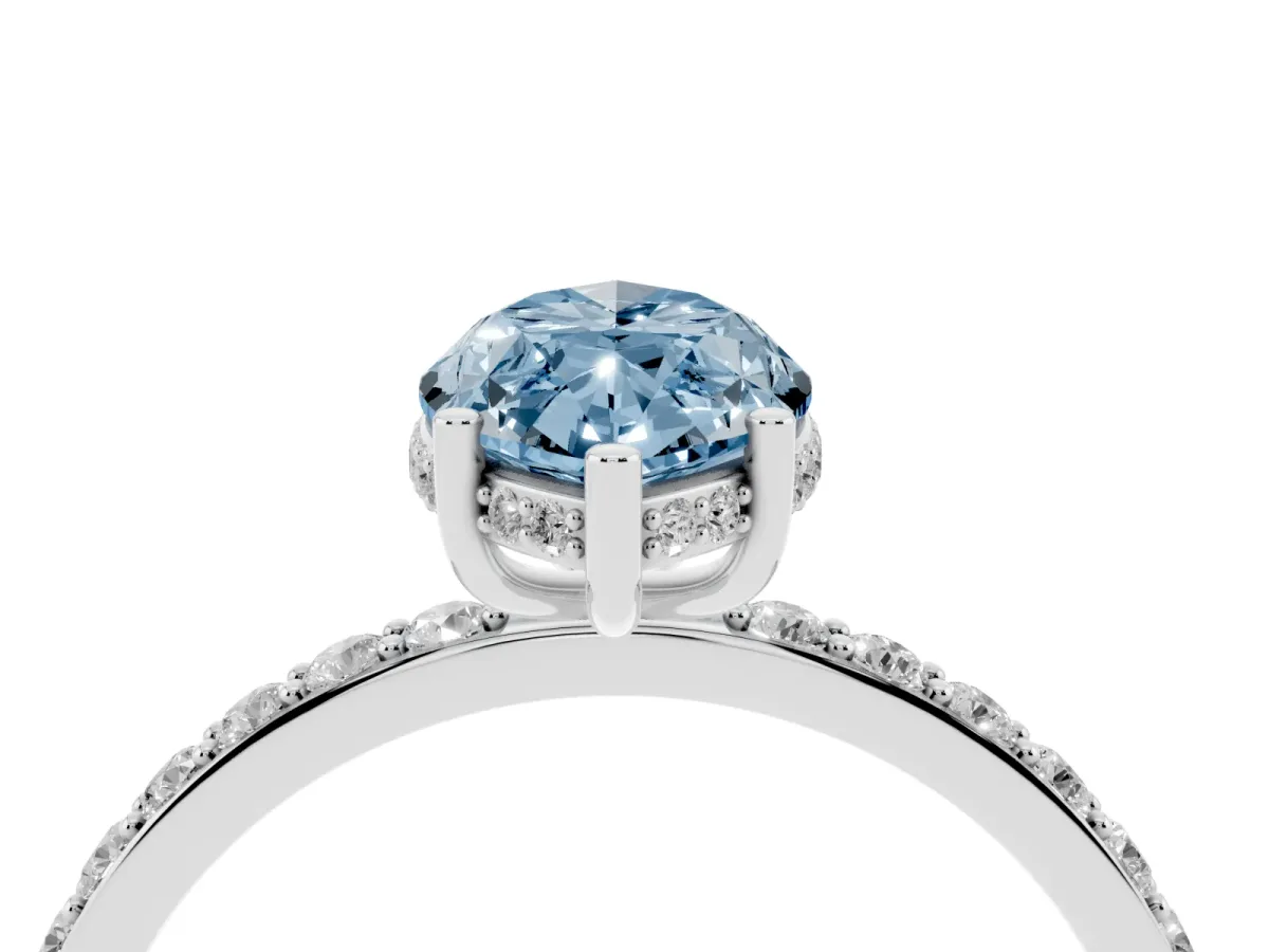 Fancy Blue Marquise Cut Diamond Solitaire Ring with Pavé Band and Hidden Halo Silver