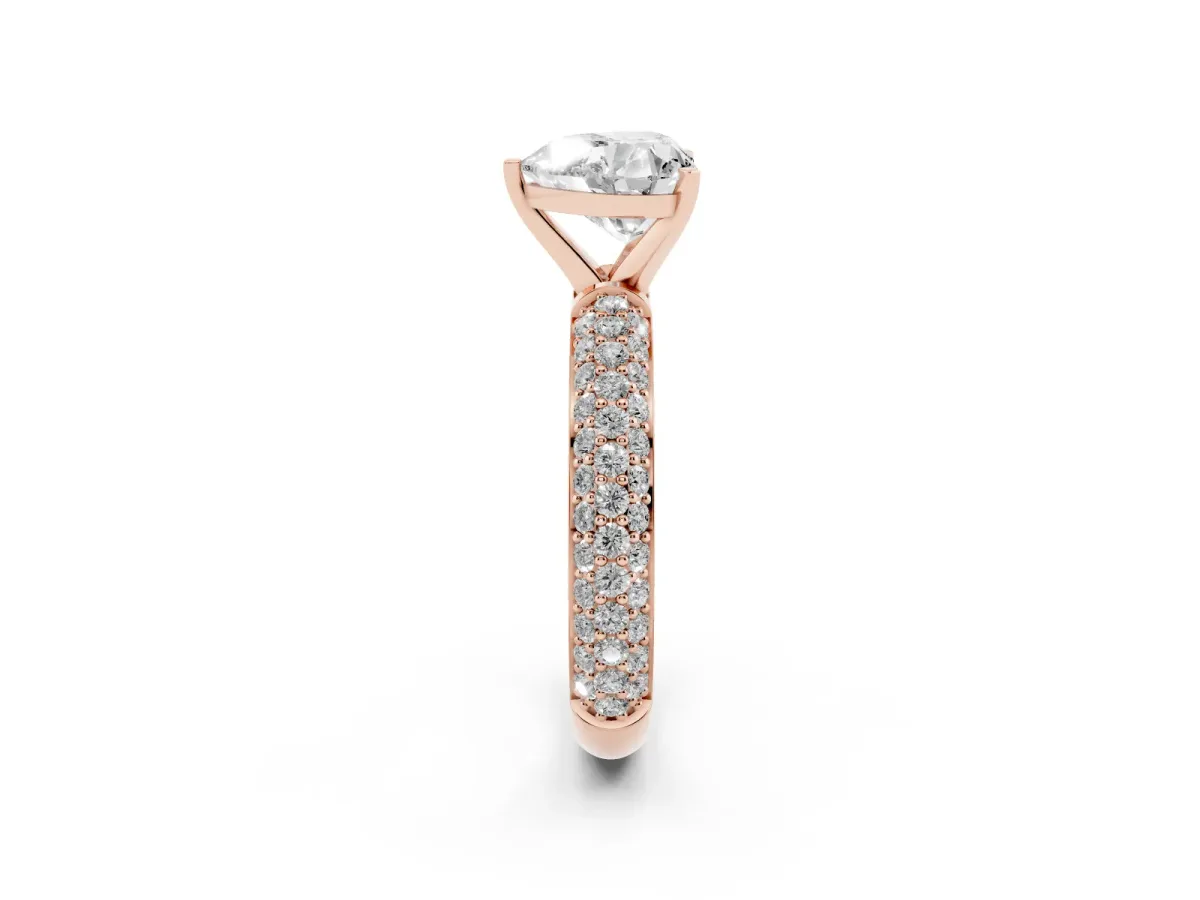 Heart Cut Diamond Solitaire Ring with Prong Setting and Pavé Band Rose gold