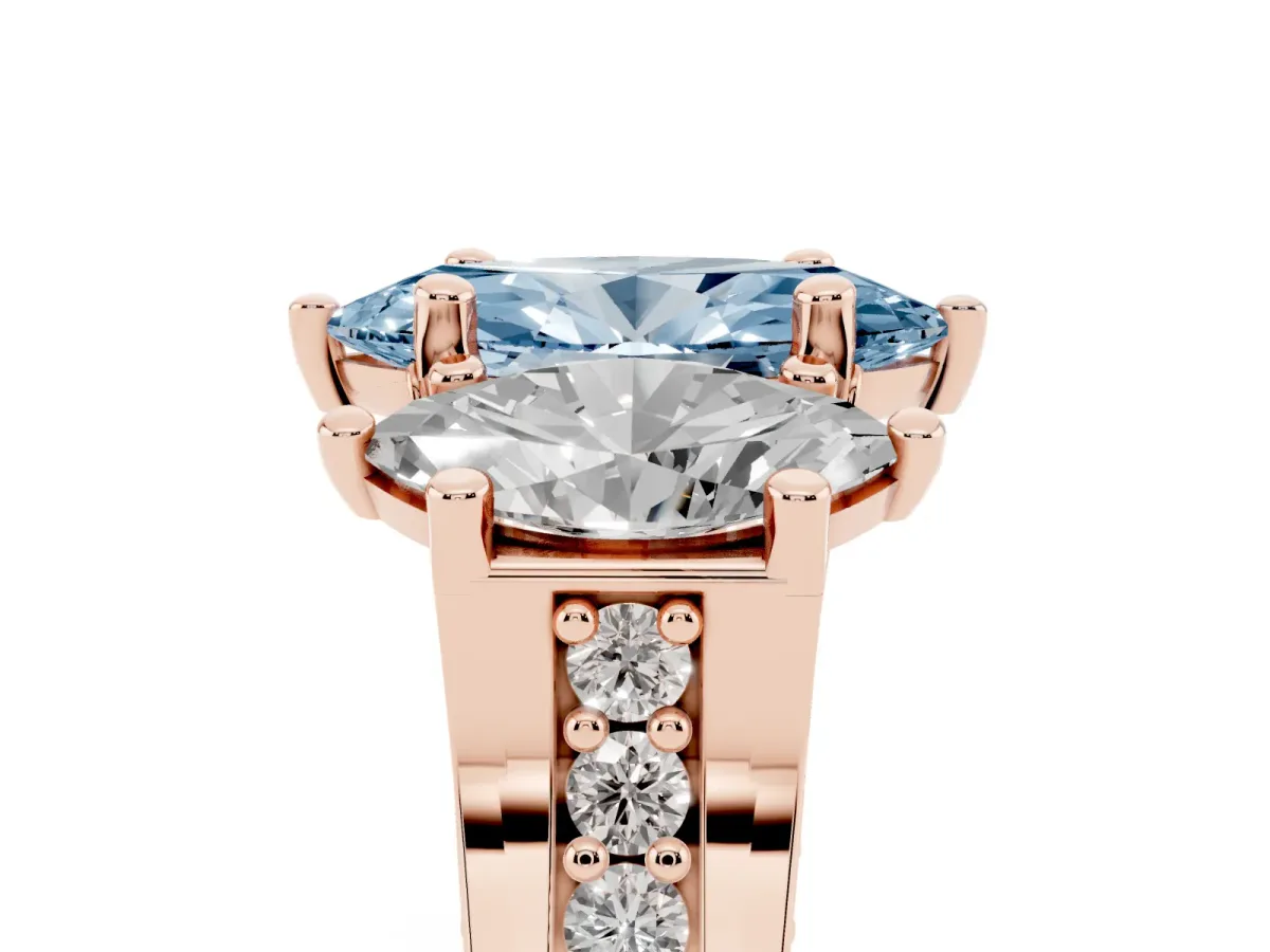 Fancy Blue Marquise Cut Diamond Three-Stone Ring with Channel Set Band and Four-Prong Setting Rose gold