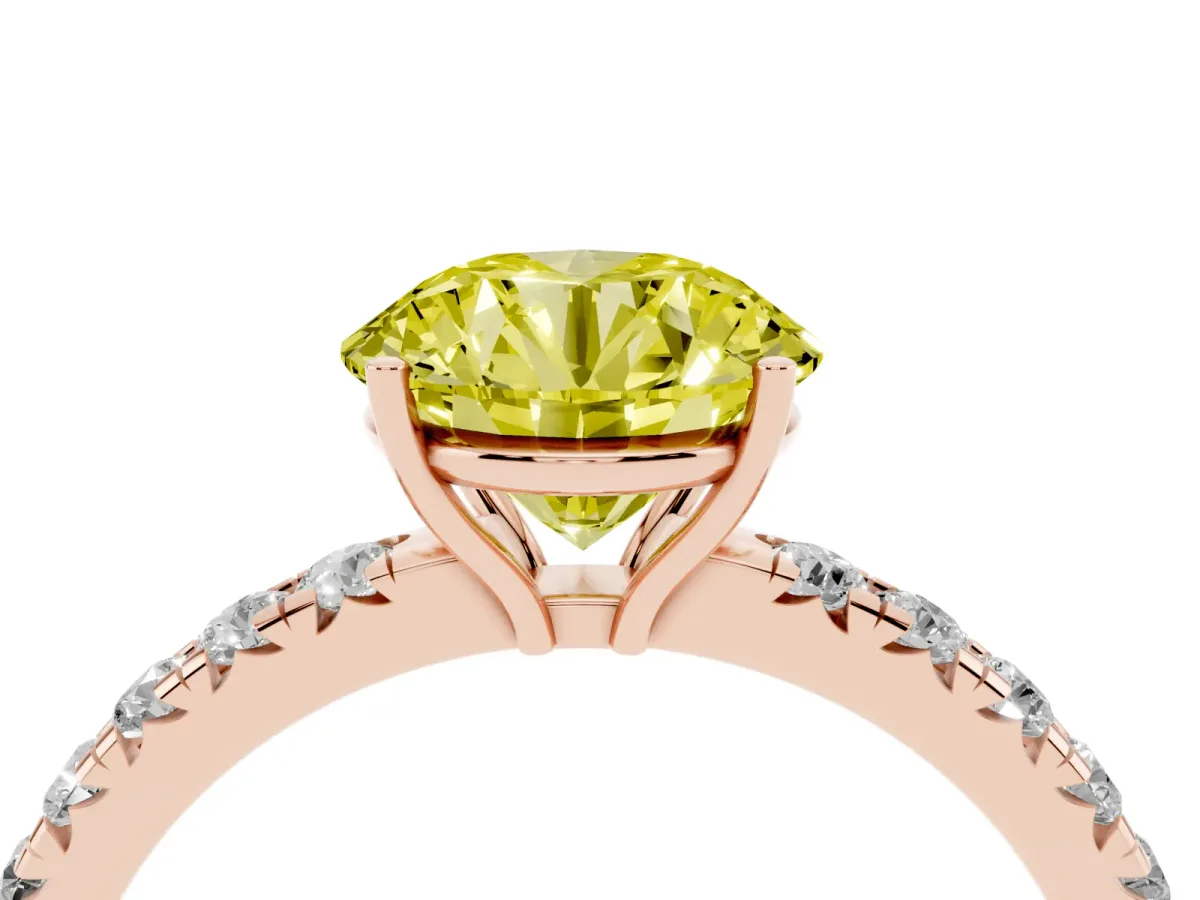 Fancy Yellow Round Cut Diamond Pavé Solitaire Engagement Ring with Four-Prong Setting Rose gold