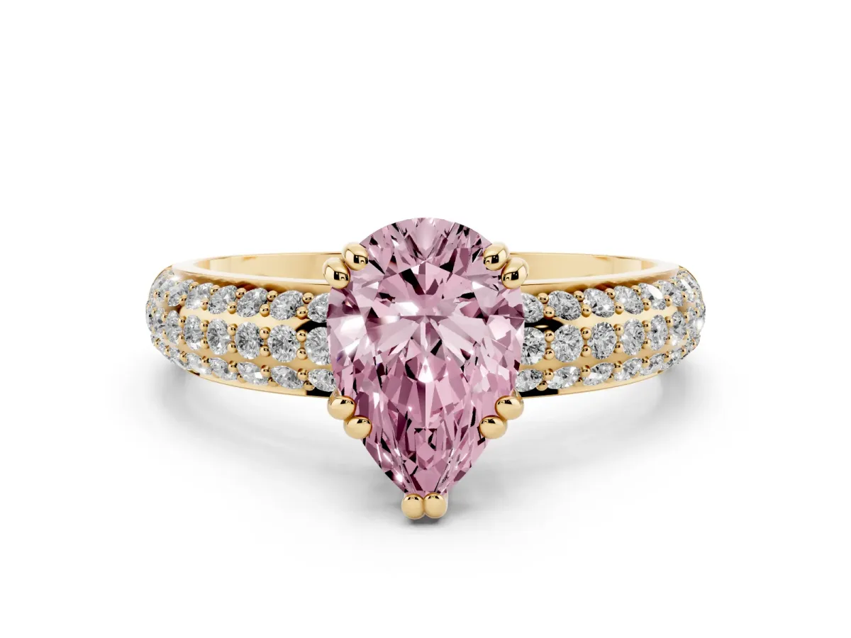 Fancy Pink Pear Cut Diamond Solitaire Ring with Multi-Row Round Pavé Band and Prong Setting Yellow gold