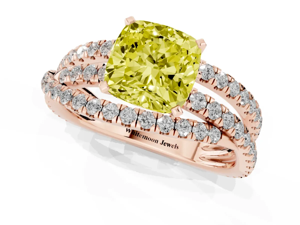 Fancy Yellow Cushion Cut Solitaire Twist Band with Pavé Setting and Four-Prong Setting Rose gold
