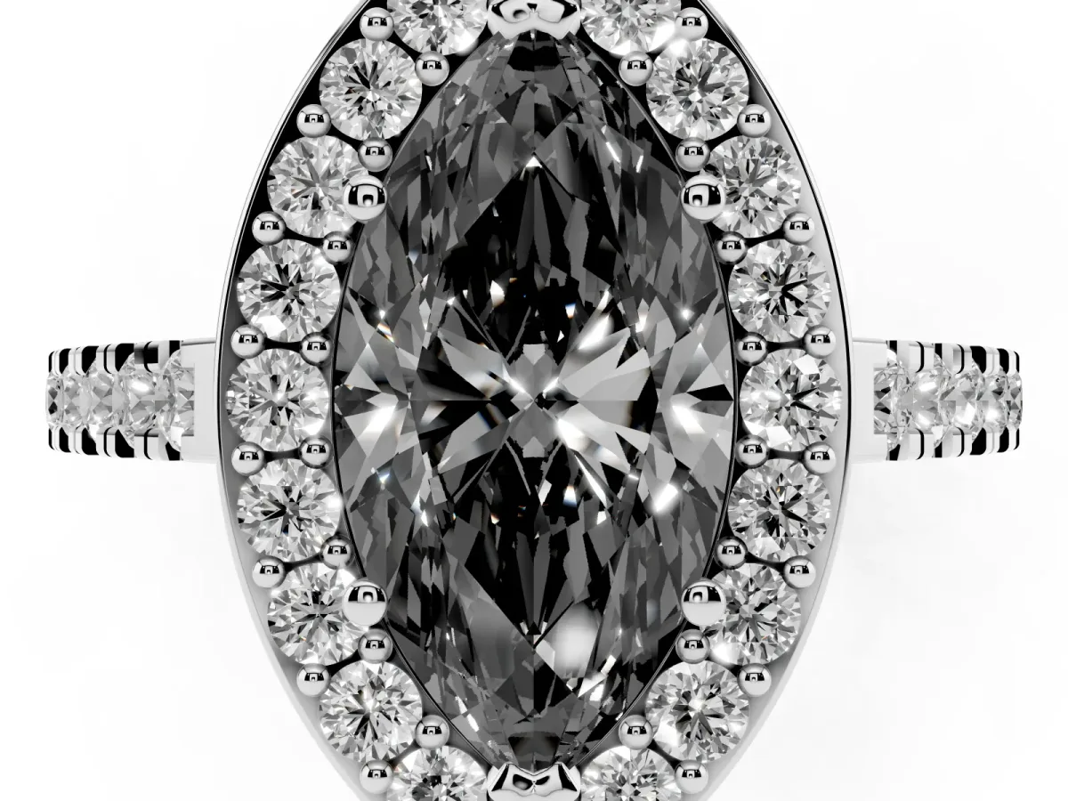 Fancy Black Marquise Cut Diamond Halo Ring with Round Pavé Split Shank and Prong Setting Silver