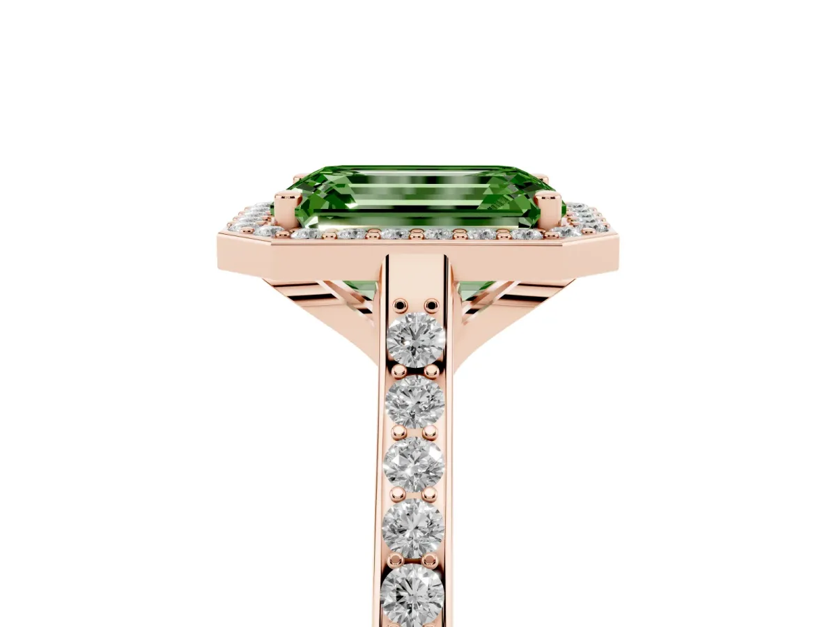 Fancy Green Emerald Cut Diamond Halo Engagement Ring with Round Pavé Shoulders and Prong Setting Rose gold