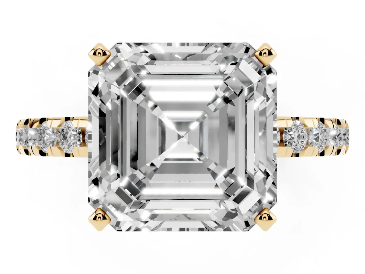 Asscher Cut Diamond Solitaire Ring with Round Pavé Band and Four-Prong Setting Yellow gold