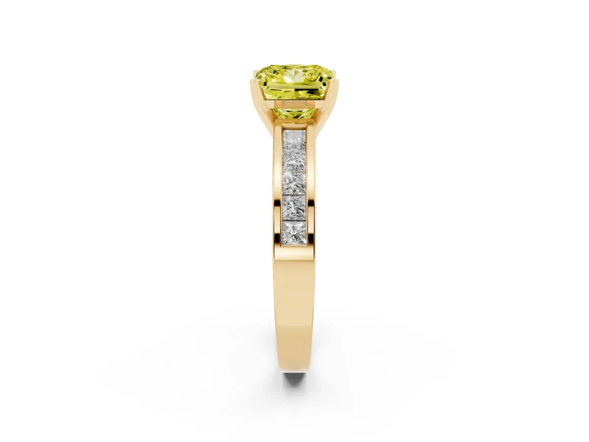 Fancy Yellow Princess Cut Solitaire Diamond Ring with Channel-Set Band and Four-Prong Setting Yellow gold