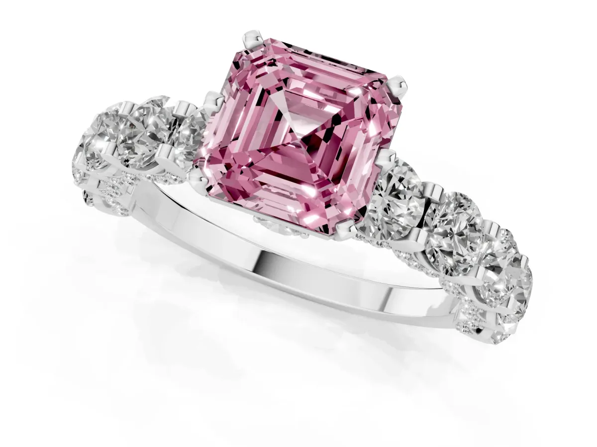 Fancy Pink Asscher Cut Diamond Side Stone Engagement Ring with Four-Prong Setting Platinum