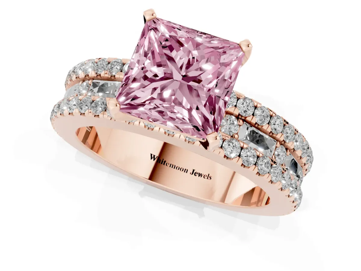 Fancy Pink Princess Cut Diamond Solitaire Ring with Pavé and Channel Set Band Rose gold