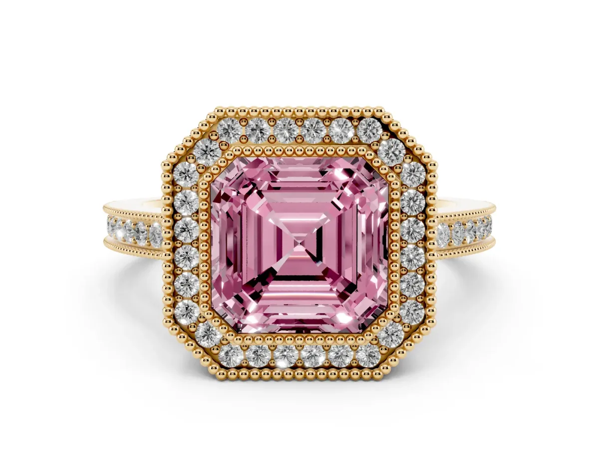 Fancy Pink Asscher Cut Cut Halo Diamond Ring with Pavé Band and Milgrain Prong Setting Yellow gold