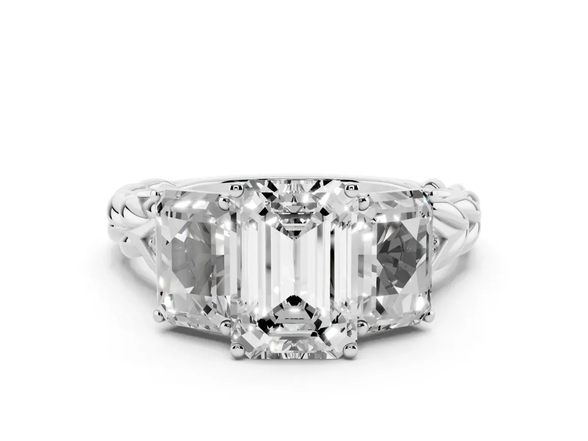 Three-Stone Emerald Cut Diamond Braided Band Ring with Four-Prong Setting Platinum