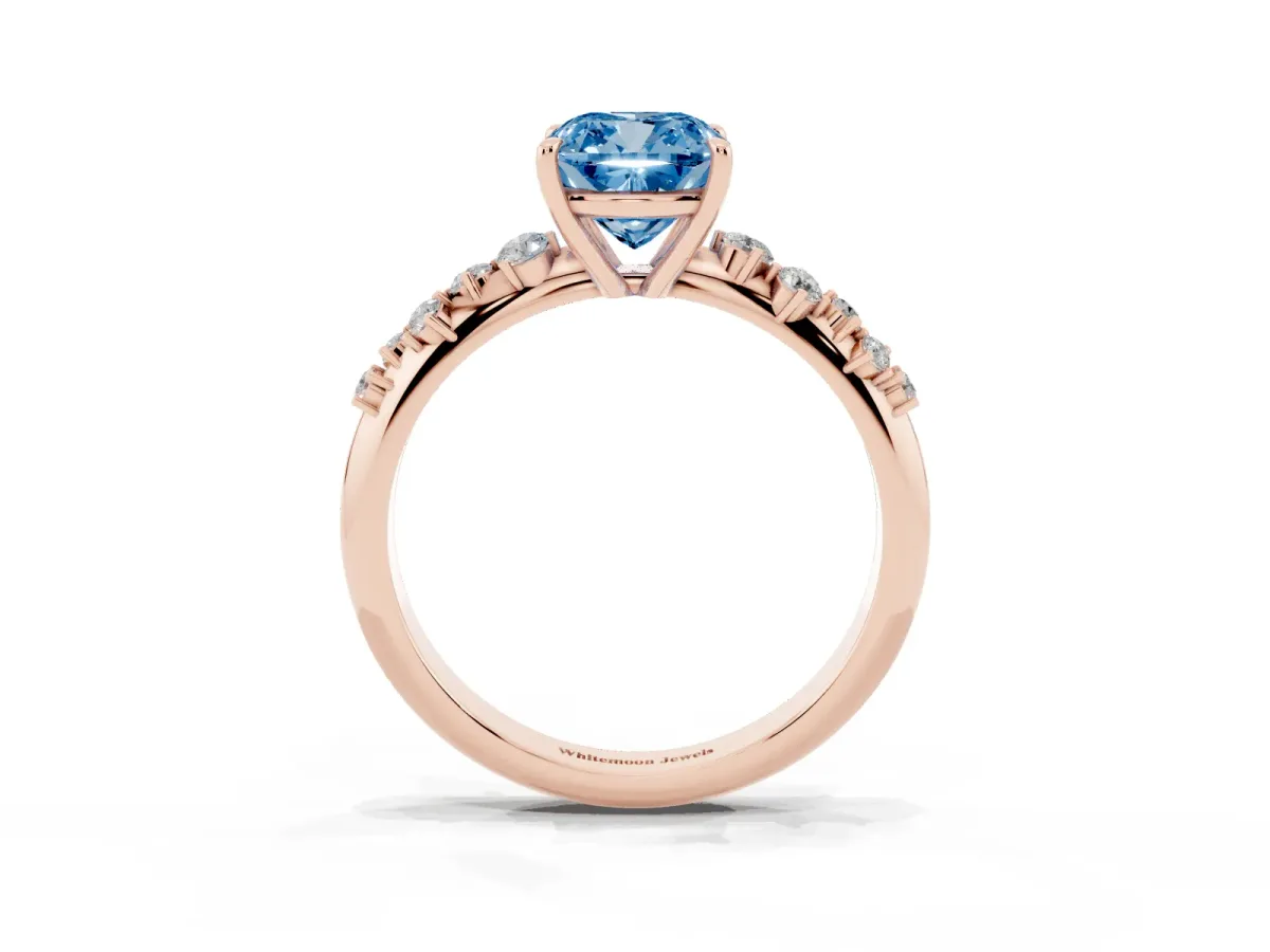 Fancy Blue Cushion Cut Diamond Cluster Side Stone Solitaire Ring with Prong Setting Rose gold