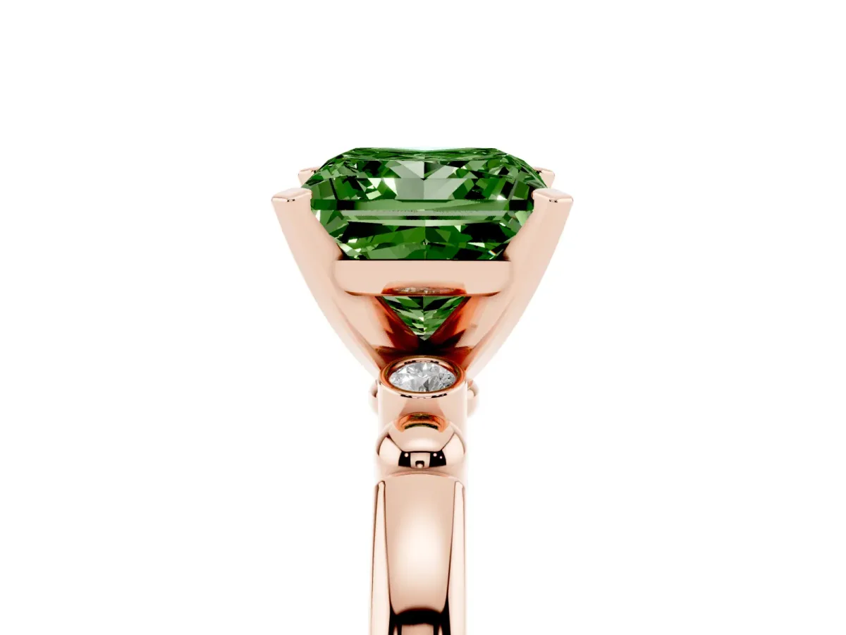 Fancy Green Princess Cut Solitaire Beaded Band with Four-Prong Setting Rose gold