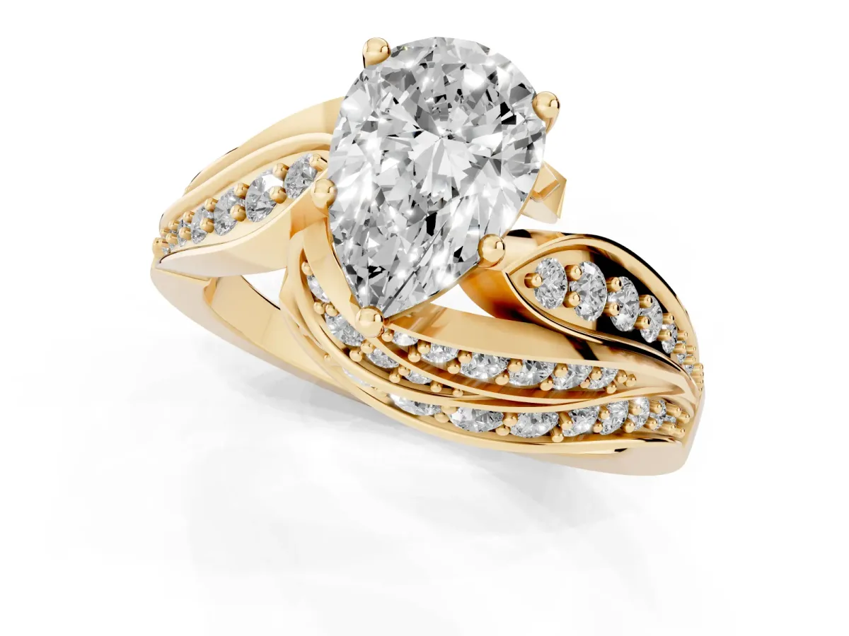 Pear Cut Diamond Solitaire Ring with Prong Setting and Twisted Pavé Band Yellow gold