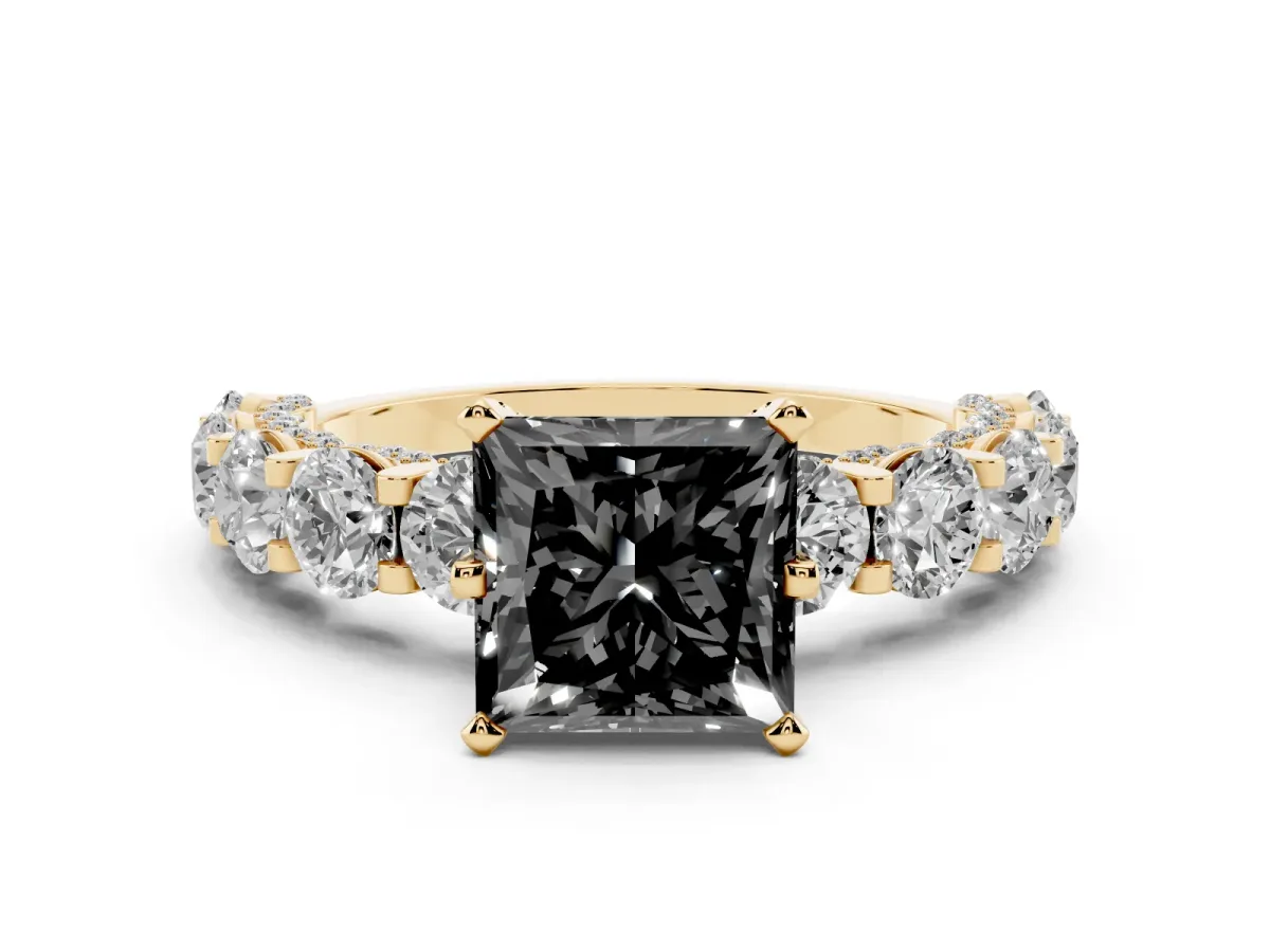 Fancy Black Princess Cut Diamond Side Stone Engagement Ring with Four-Prong Setting Yellow gold