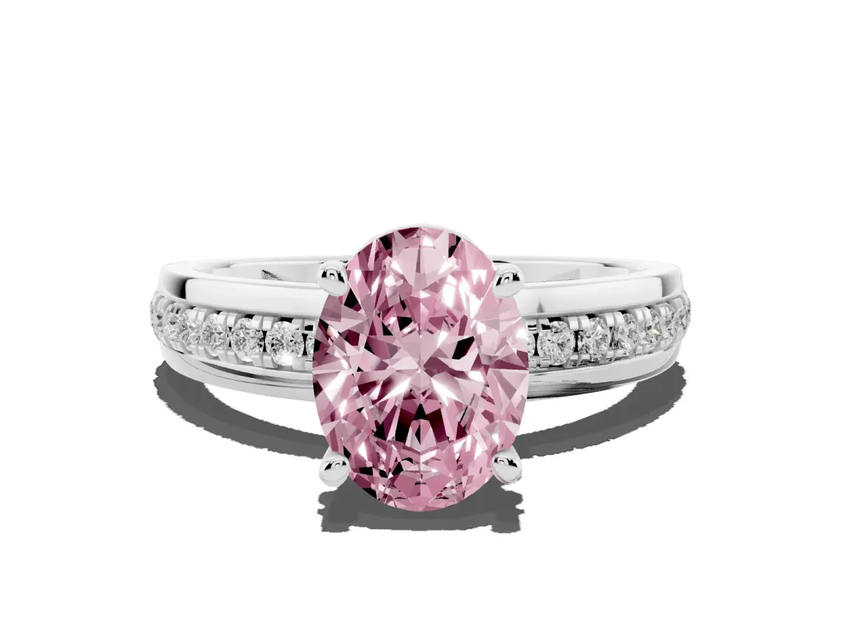 Fancy Pink Oval Cut Solitaire Diamond Ring with Channel Set Band and Six-Prong Setting Silver