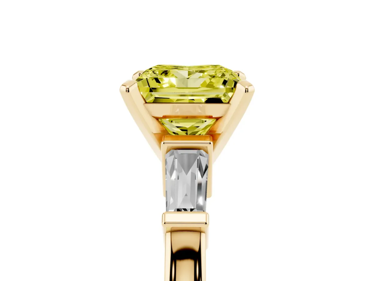 Fancy Yellow Princess Cut Cut Diamond Solitaire Ring with Tapered Baguette Accents and Four-Prong Setting Yellow gold
