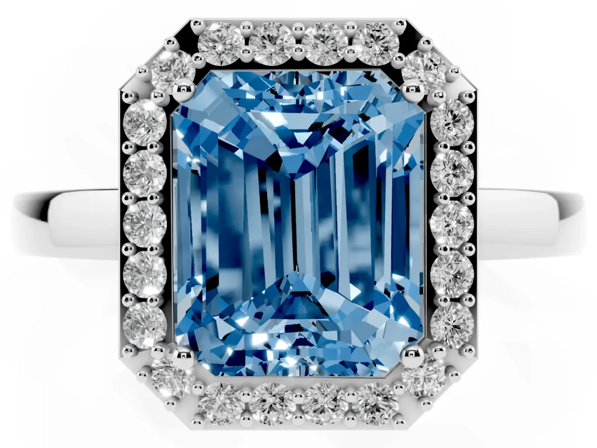 Fancy Blue Radiant Cut Halo Diamond Ring with Solitaire Band and Prong Setting Silver