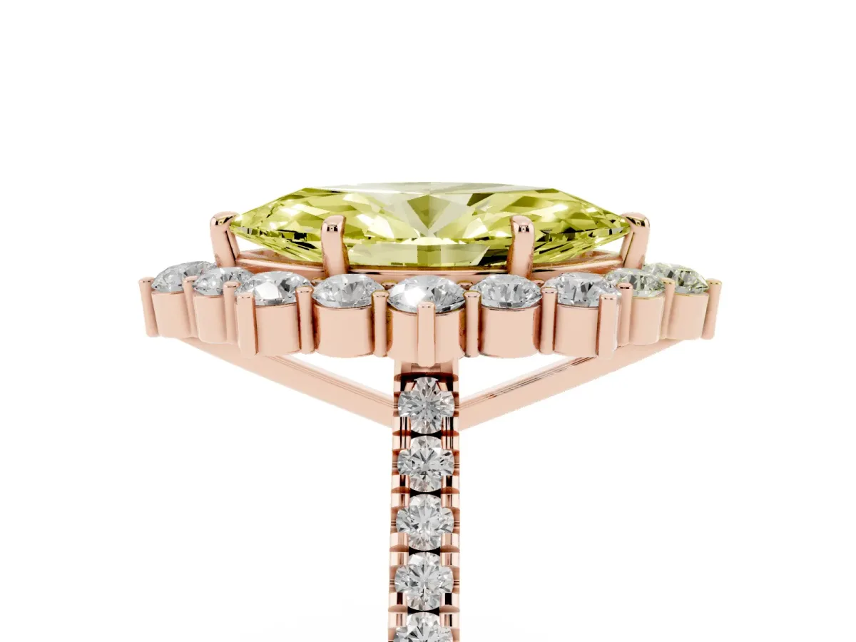 Fancy Yellow Marquise Cut Halo Diamond Ring with Pavé Band and Prong Setting Rose gold