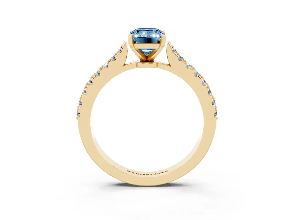 Fancy Blue Emerald Cut Cut Solitaire Diamond Engagement Ring with Pave Band and Four-Prong Setting Yellow gold