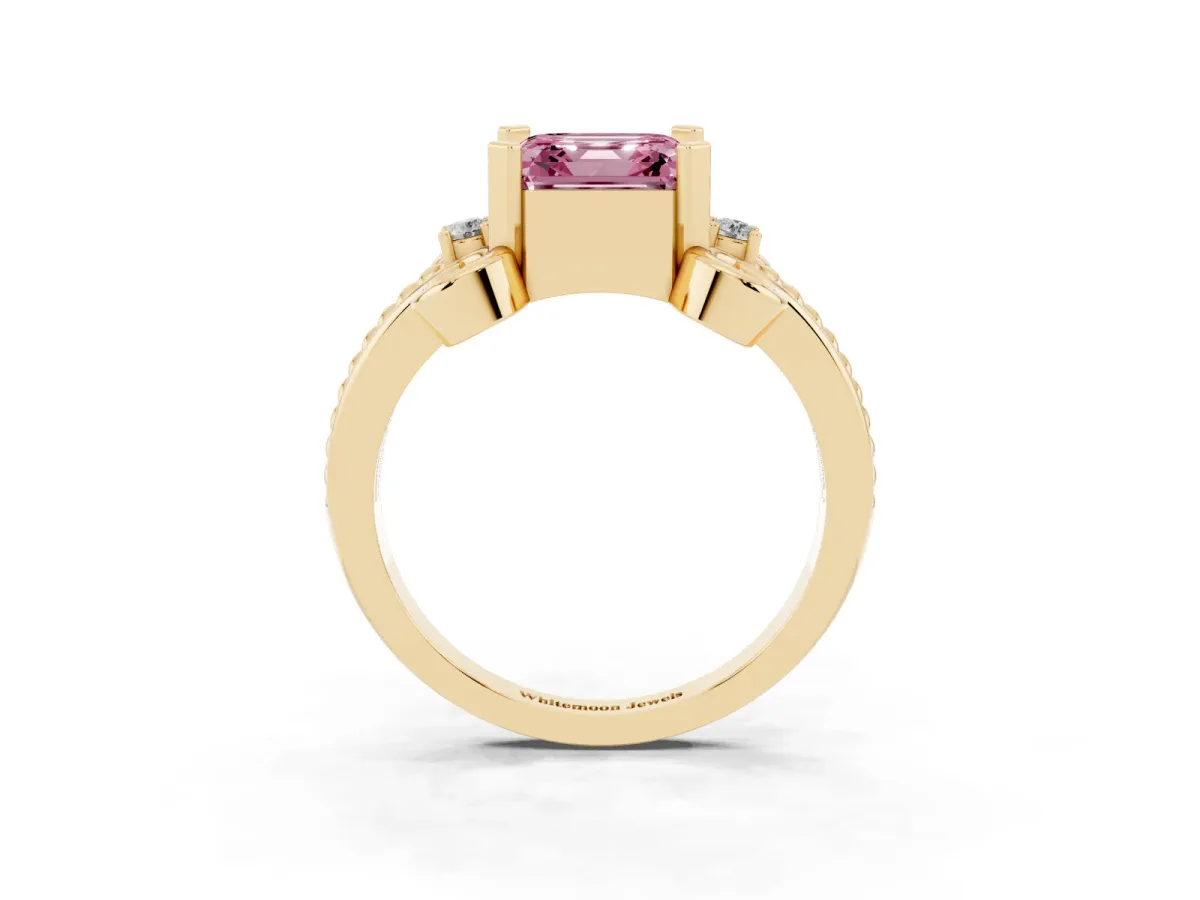 Fancy Pink Asscher Cut Solitaire Twisted Band Scroll Prong Ring Yellow gold