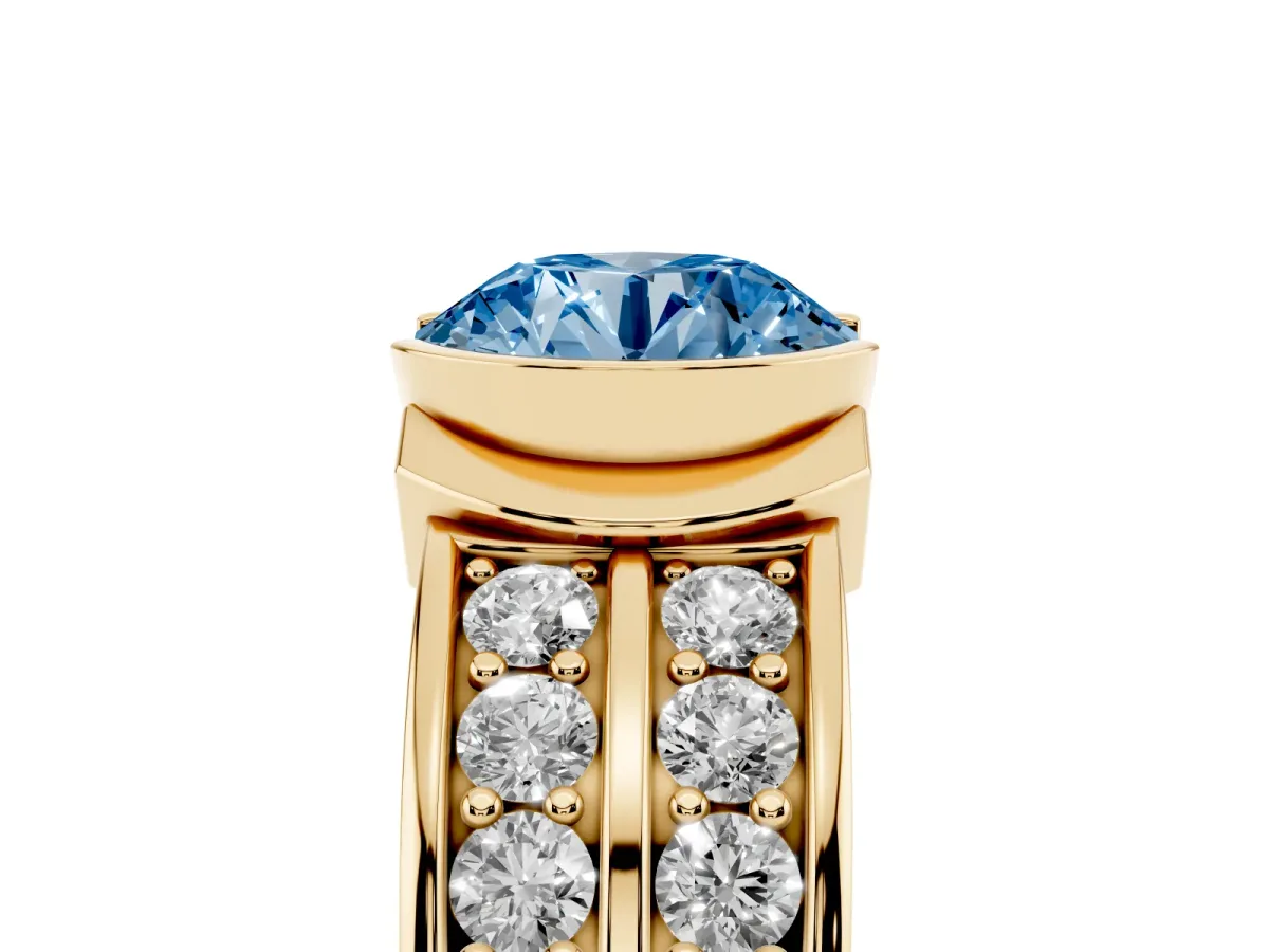 Fancy Blue Round Cut Brilliant Diamond Channel Set Wide Band Ring with Bezel Setting Yellow gold