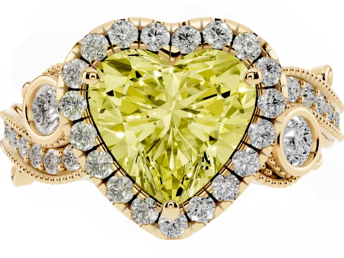 Fancy Yellow Heart Cut Halo Diamond Ring with Milgrain and Bezel Accents on a Split Shank Band Yellow gold
