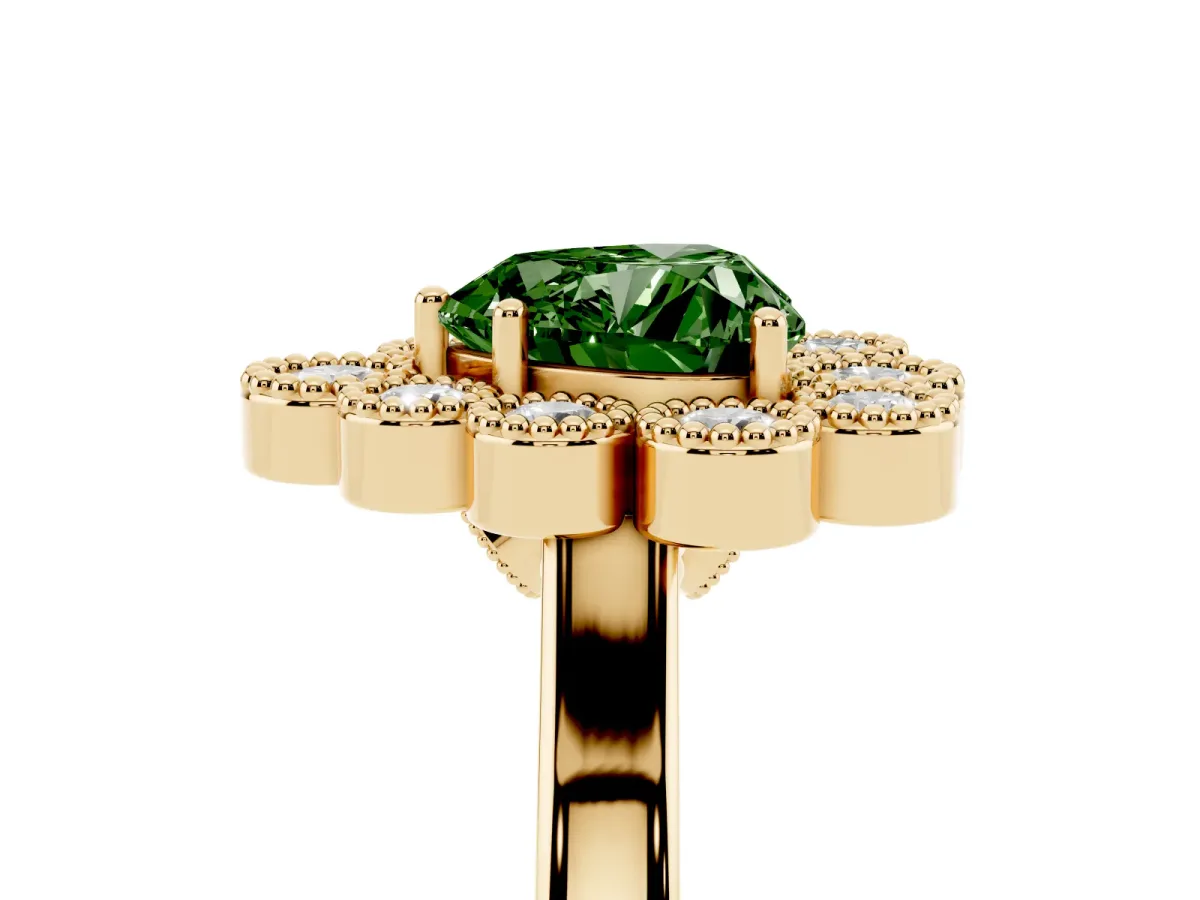 Fancy Green Heart Cut Halo Diamond Cluster Engagement Ring with Milgrain Bezel Setting and Solitaire Band Yellow gold