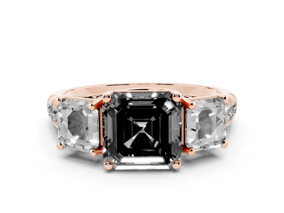 Fancy Black Three-Stone Asscher Cut Diamond Pavé Band with Prong Setting Rose gold