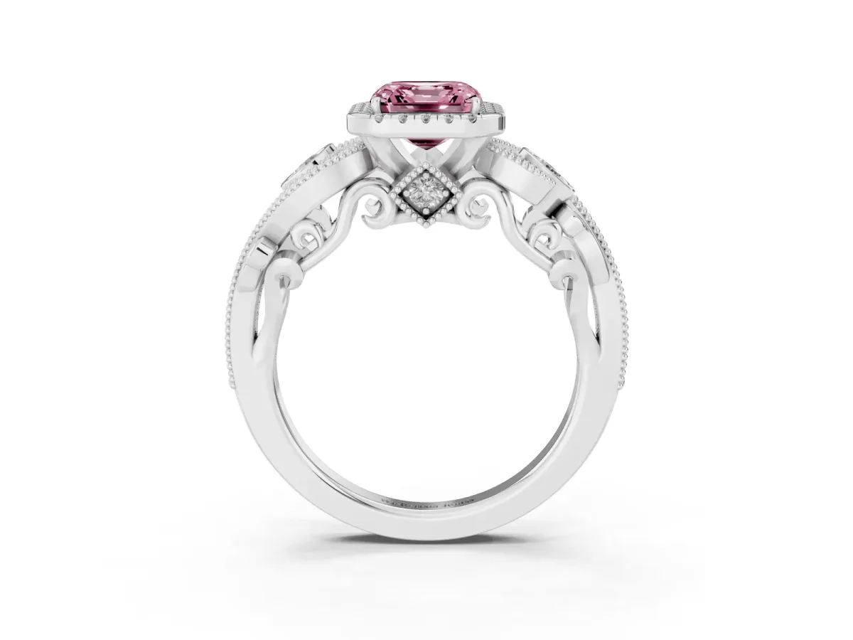 Fancy Pink Asscher Cut Diamond Halo Ring with Milgrain Pavé Band and Four-Prong Setting Platinum
