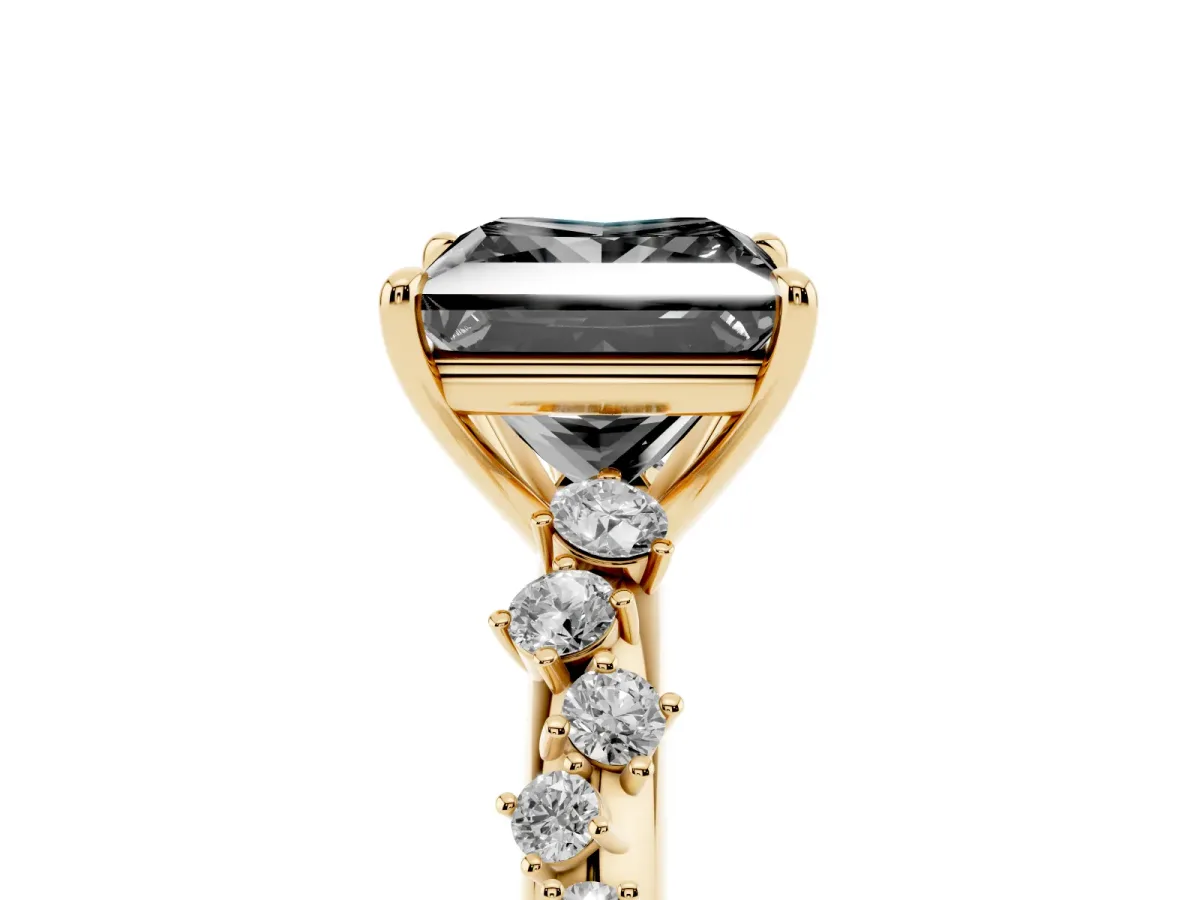 Fancy Black Princess Cut Diamond Cluster Side Stone Solitaire Ring with Prong Setting Yellow gold