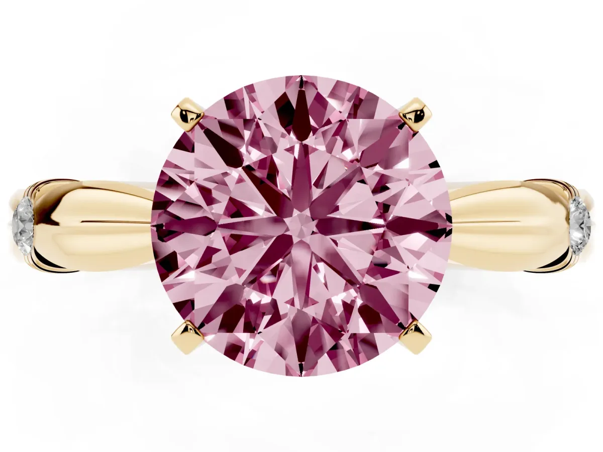 Fancy Pink Round Cut Solitaire Diamond Twisted Band with Four-Prong Setting Yellow gold